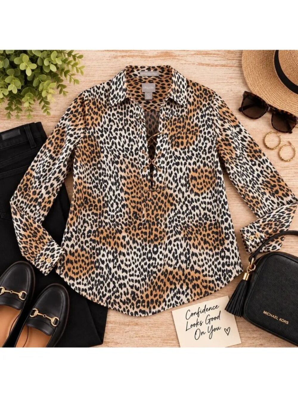 Chico’s Leopard Animal Print Lace-Up Blouse Size 0 Wrinkle Resistant Cotton